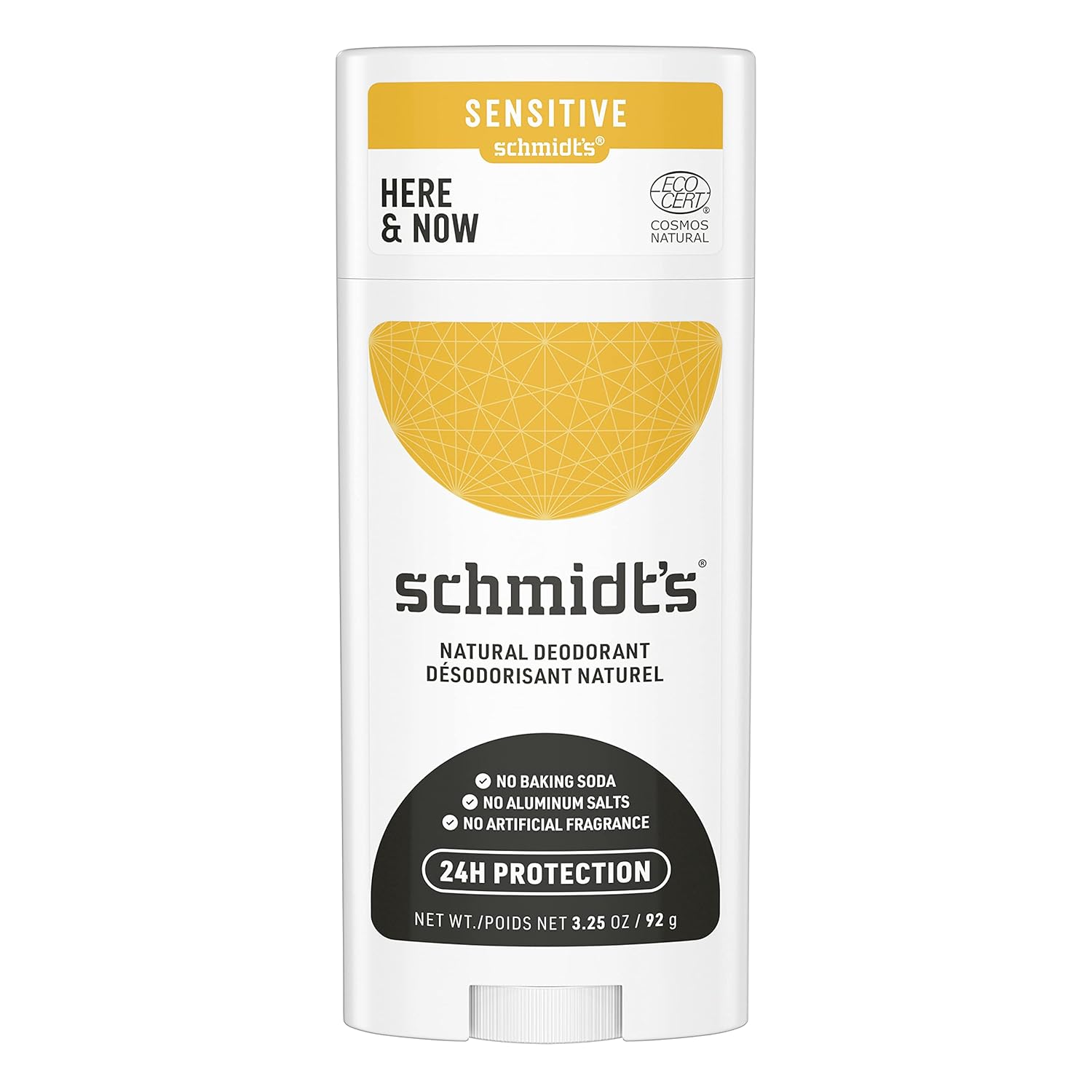 Schmidt's Aluminum Free Natural Deodorant for Women and Men, Here + Now for Sensitive Skin with 24 Hour Odor Protection, Citrus, 3.25 Ounce, (Pack of 1)