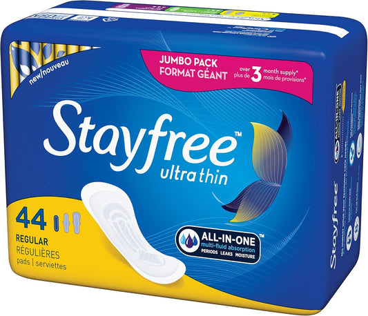 Stayfree Ultra Thin Regular Pads For Women, Wingless, Reliable Protection and Absorbency of Feminine Moisture, Leaks and Periods, 44 count