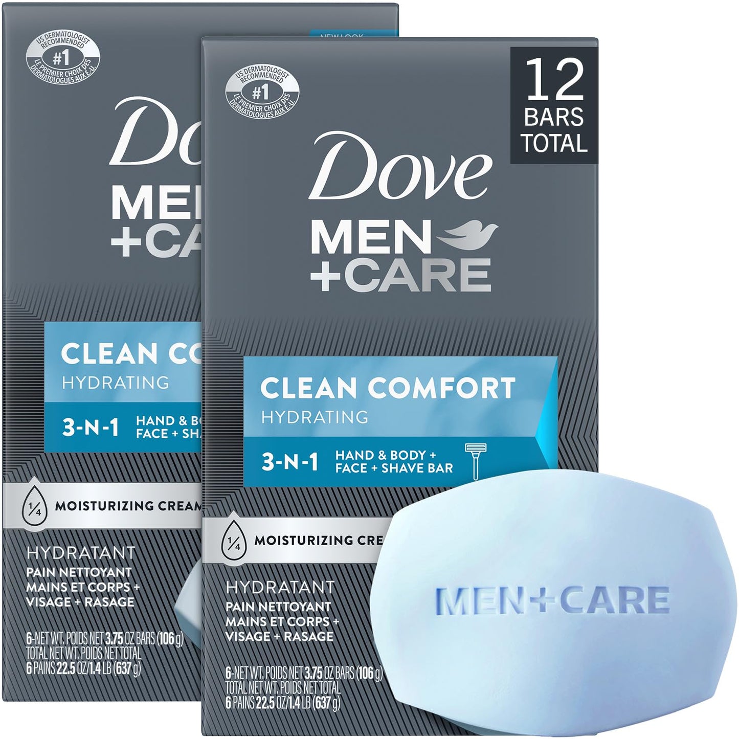 Dove Men+Care Clean Comfort Soaps (2 Boxes/12 Bars) – Hydrating 3-in-1 Hand & Body, Face + Shave Soap, 22.5 Oz Ea