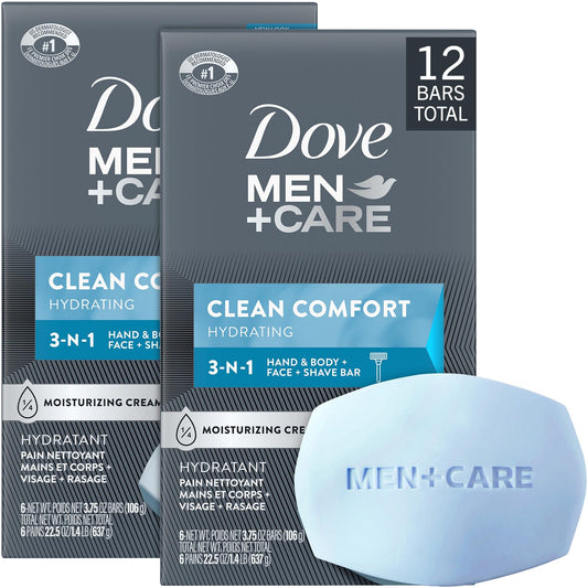 Dove Men+Care Clean Comfort Soaps (2 Boxes/12 Bars) – Hydrating 3-in-1 Hand & Body, Face + Shave Soap, 22.5 Oz Ea
