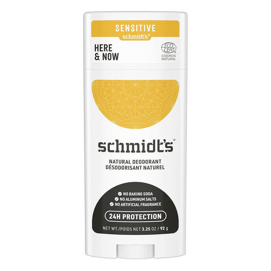 Schmidt's Aluminum Free Natural Deodorant for Women and Men, Here + Now for Sensitive Skin with 24 Hour Odor Protection, Citrus, 3.25 Ounce, (Pack of 1)