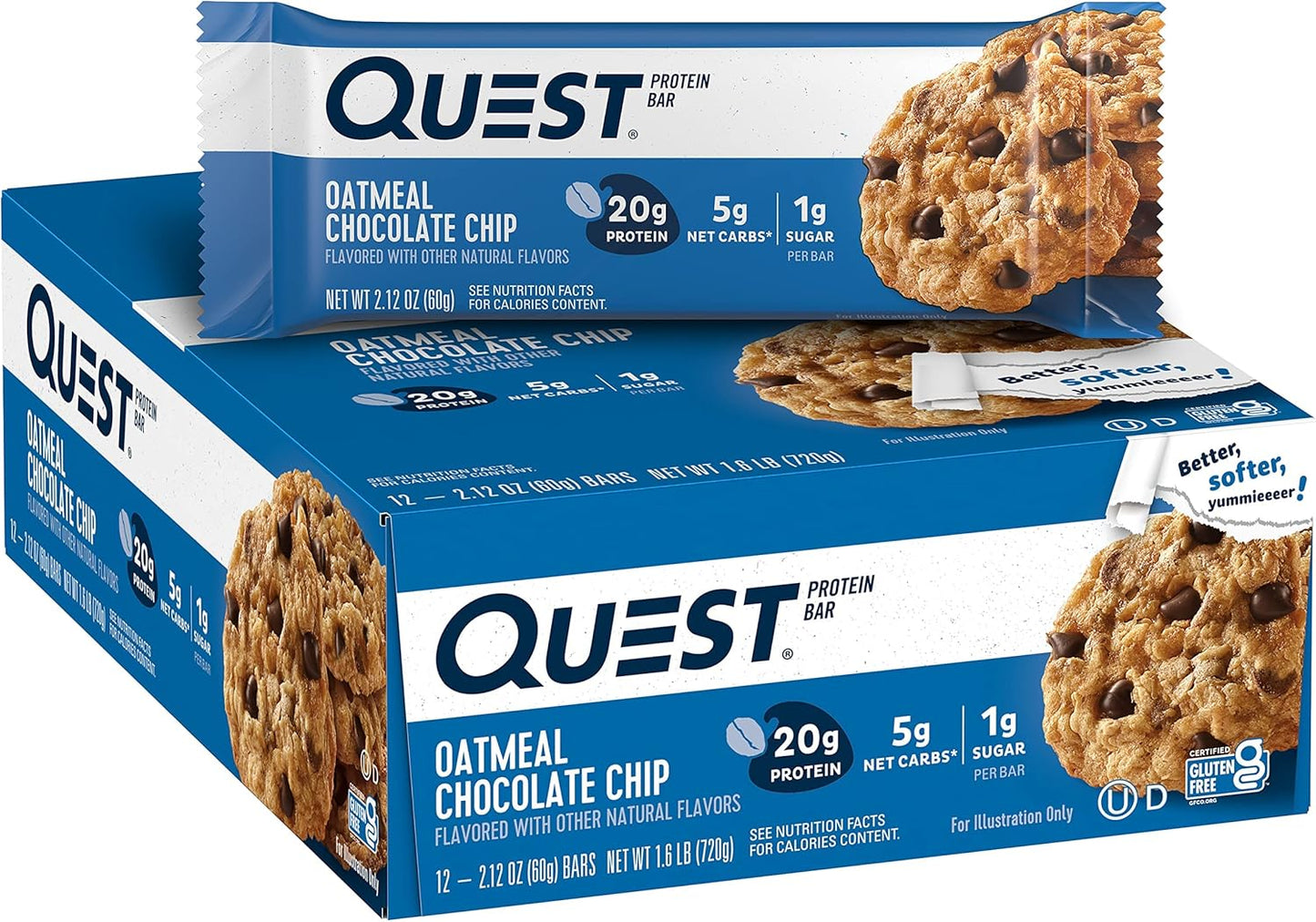 Quest Nutrition Oatmeal Chocolate Chip Protein Bars, 20g Protein, 1g Sugar, 5g Net Carb, Gluten Free, Keto Friendly, 12 Count