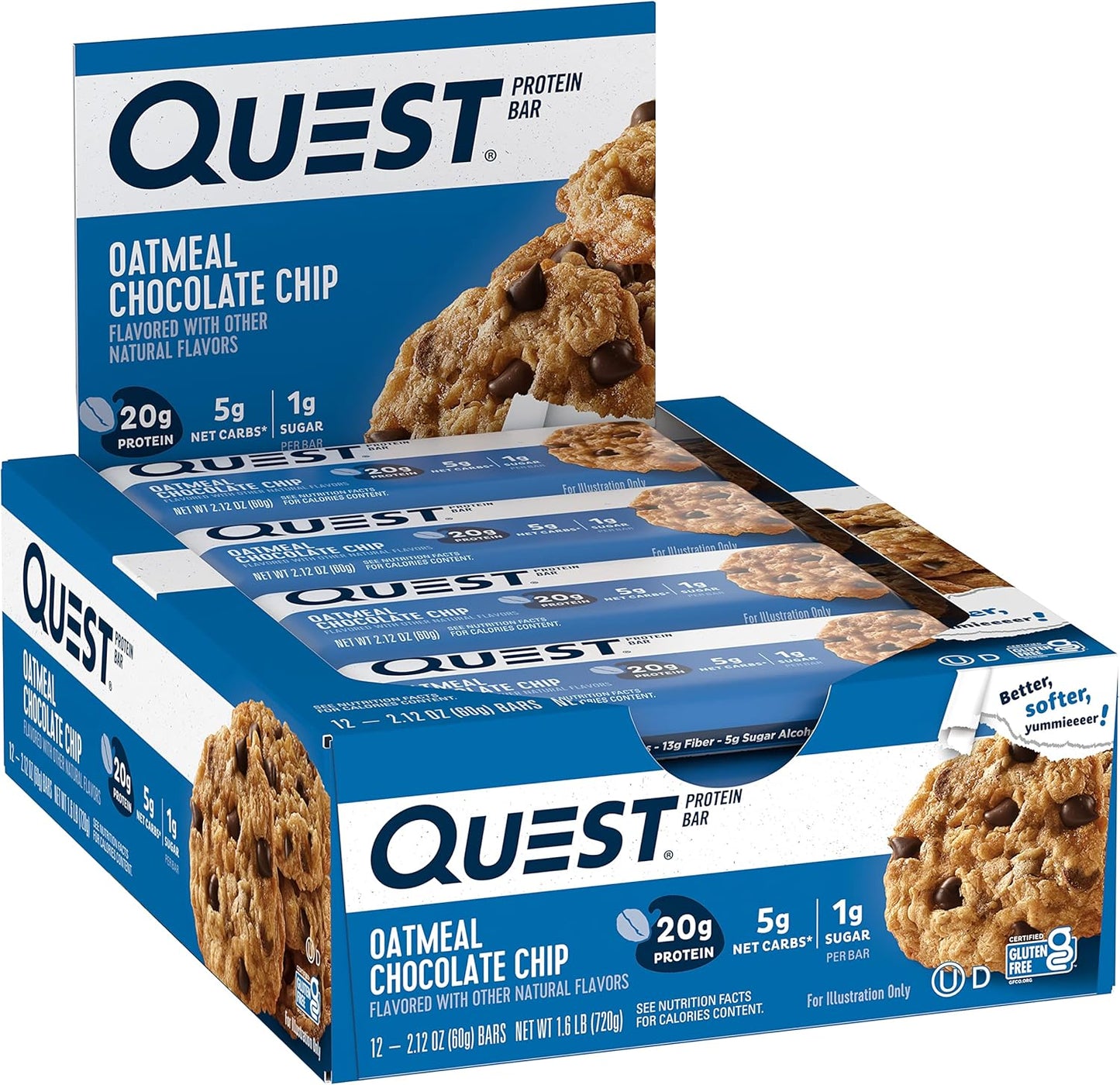 Quest Nutrition Oatmeal Chocolate Chip Protein Bars, 20g Protein, 1g Sugar, 5g Net Carb, Gluten Free, Keto Friendly, 12 Count